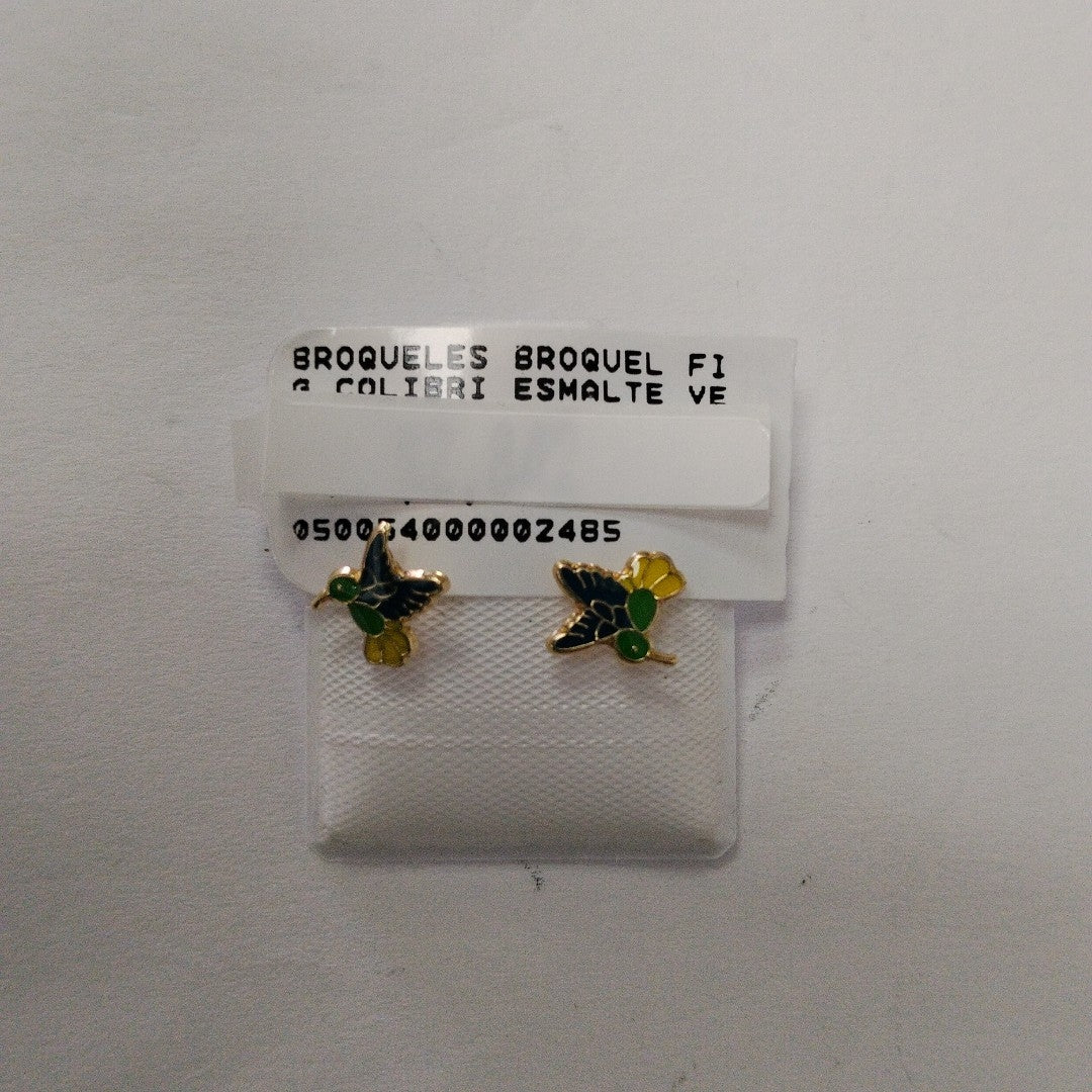 BROQUELES BROQUEL FIG COLIBRI ESMALTE VERDE 14K 0.2138 GR (NUEVO)