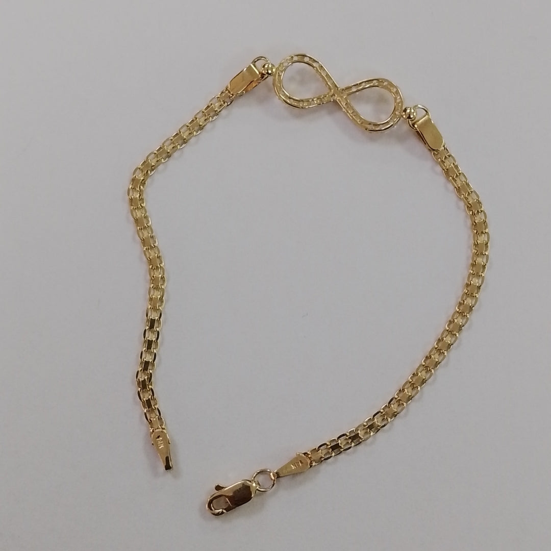 PULSERA TEJIDO ESPECIAL CON INFINITO Y CIRCONIAS 14K 18 CM 3.3 GR (NUEVO)