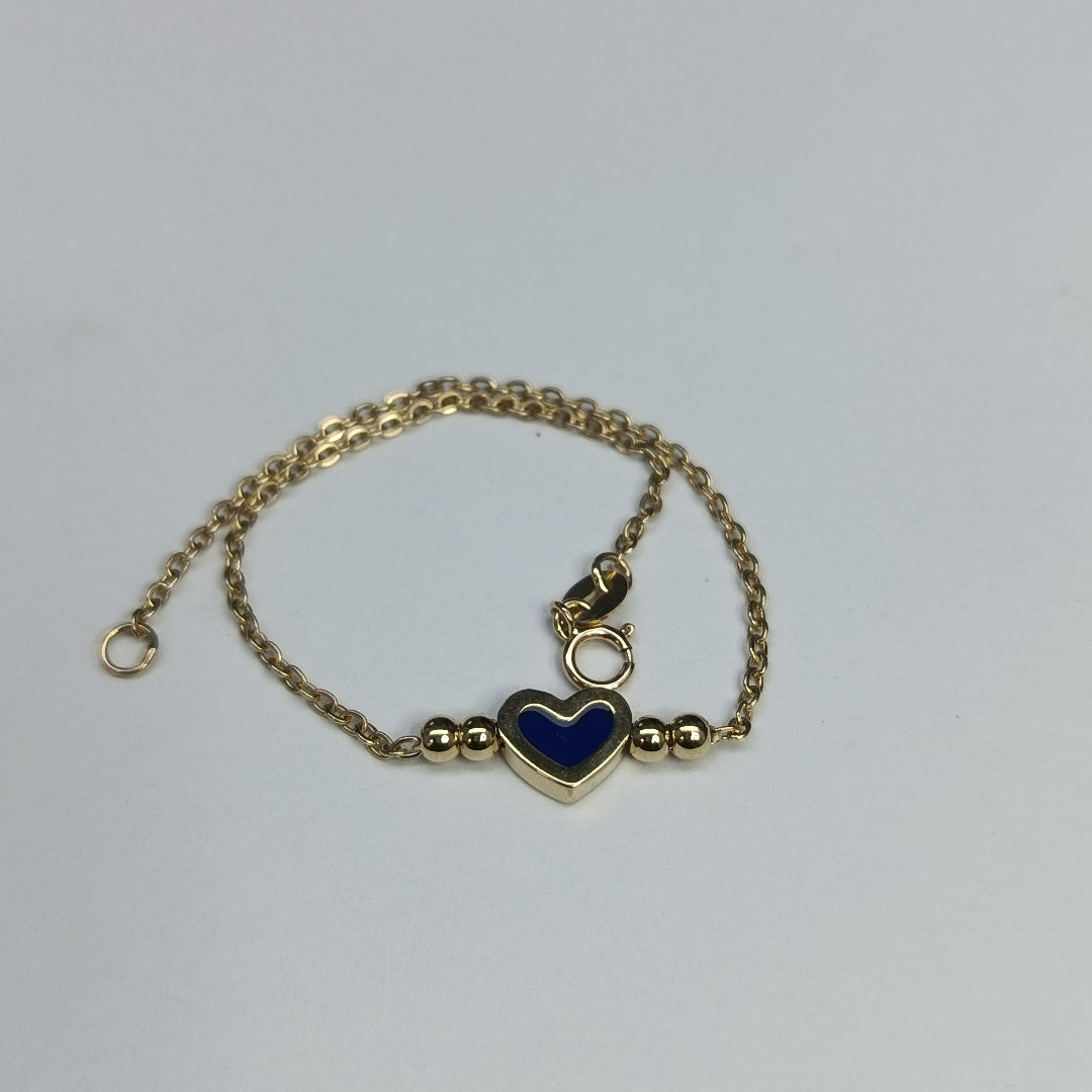 PULSERA TEJIDO ESPECIAL CON FIGURA CORAZON CON ESMALTE AZUL 14K 18 CM 2 GR (NUEVO)