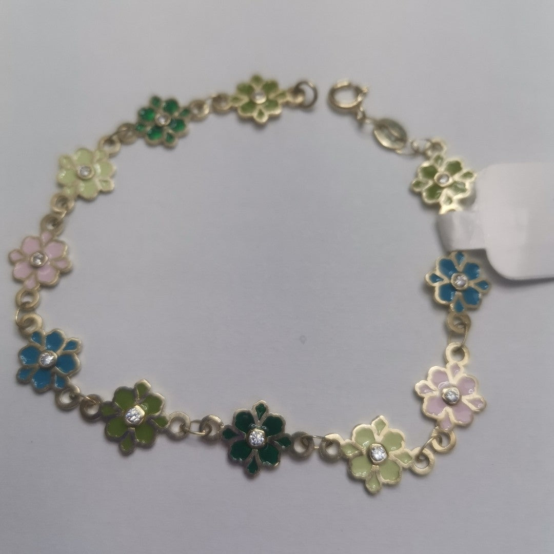 PULSERA ESPECIAL FLORES CON ESMALTE 14K 18 CM 4.5 GR (NUEVO)