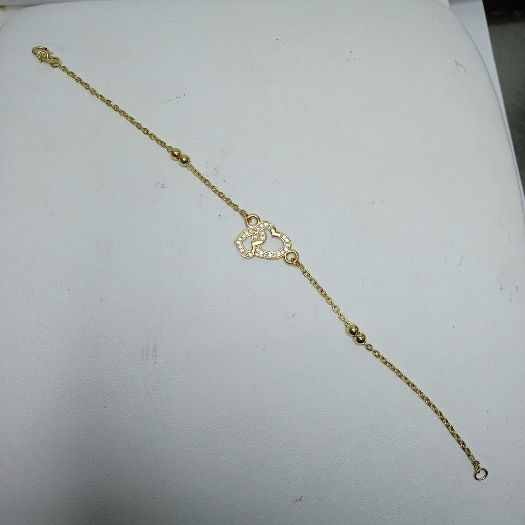 PULSERA TEJIDO ESPECIAL CORAZONES CON CIRCONIAS 14K 18 CM 2.4 GR (NUEVO)