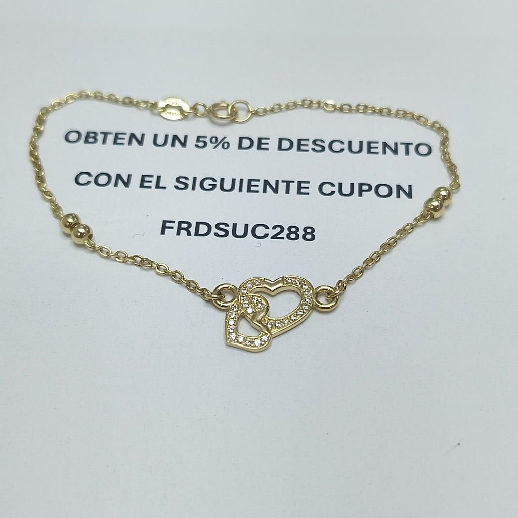 PULSERA TEJIDO ESPECIAL CORAZONES CON CIRCONIAS 14K 18 CM 2.4 GR (NUEVO)