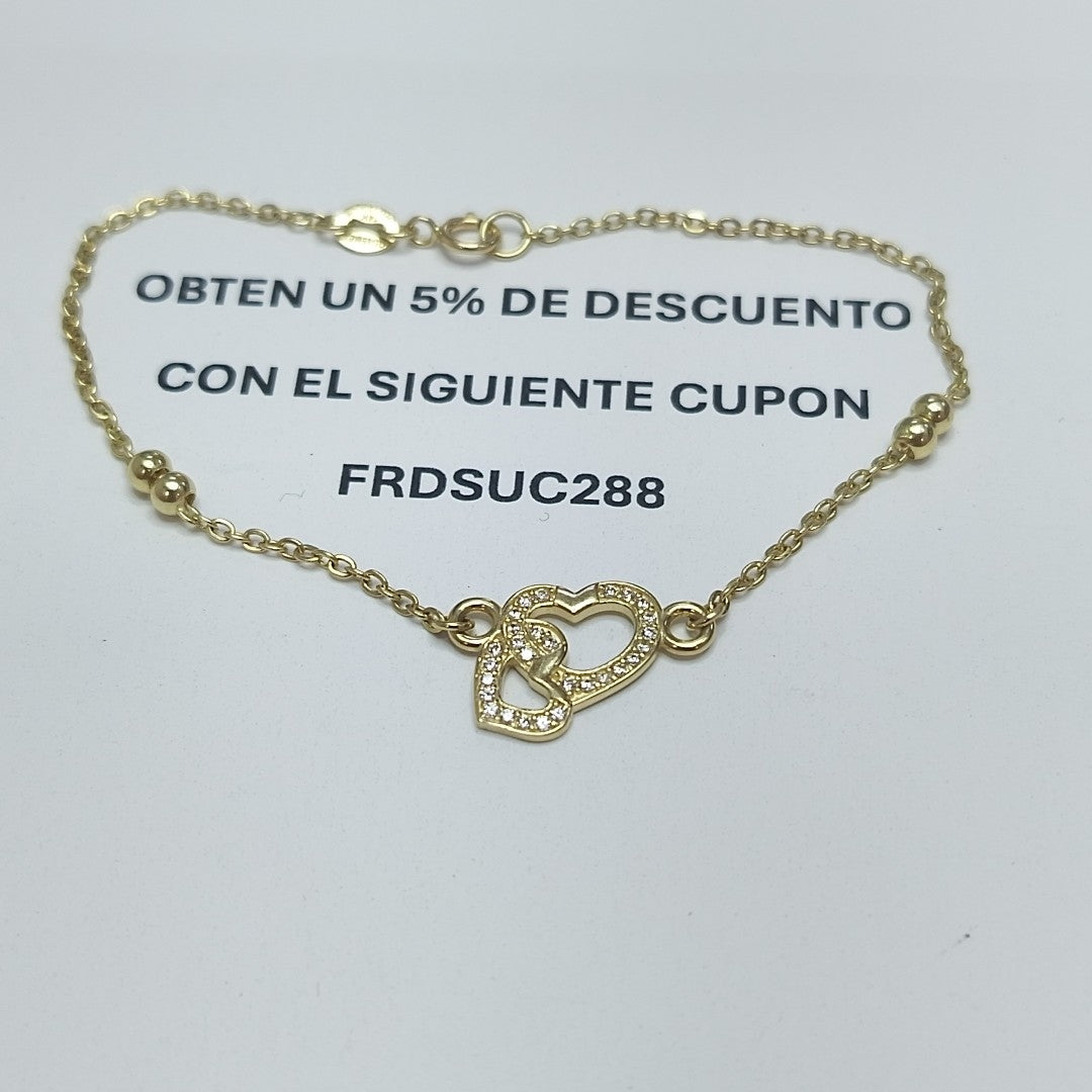 PULSERA TEJIDO ESPECIAL CORAZONES CON CIRCONIAS 14K 18 CM 2.4 GR (NUEVO)