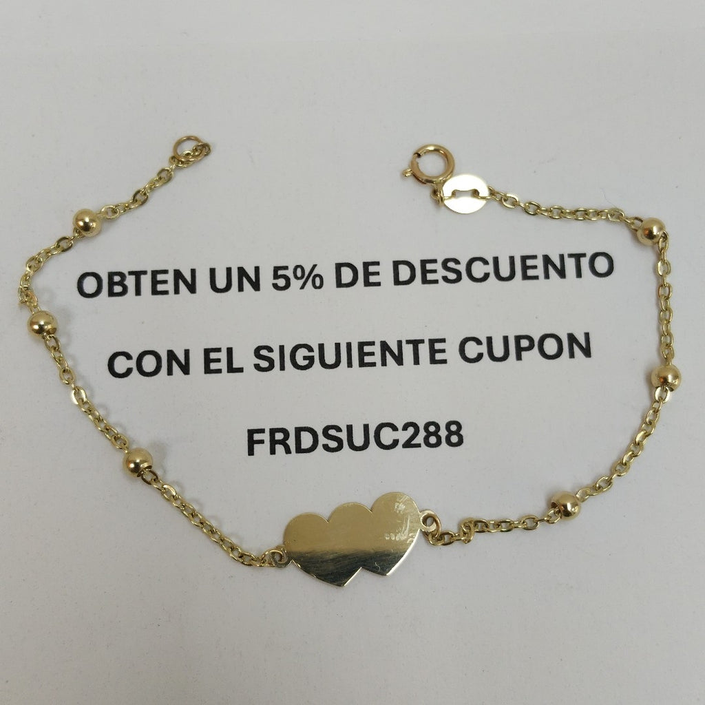 PULSERA TEJIDO ESPECIAL CON DOS CORAZONES 14K 18 CM 1.7 GR (NUEVO)