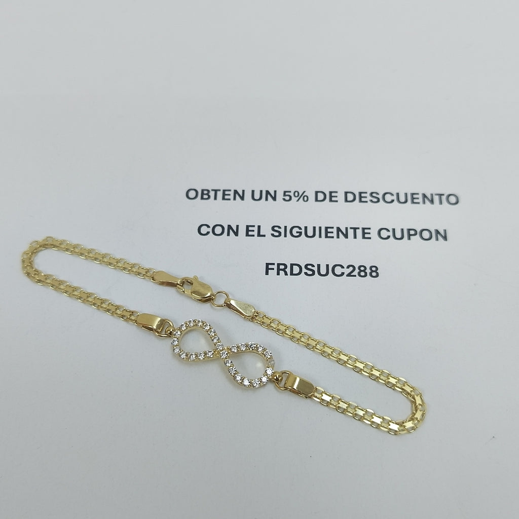 PULSERA TEJIDO ESPECIAL CON INFINITO Y CIRCONIAS 14K 18 CM 3.3 GR (NUEVO)
