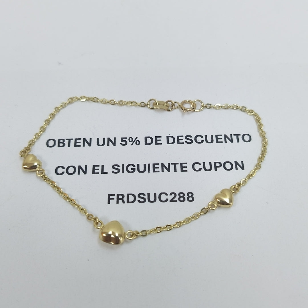 PULSERA TEJIDO ESPECIAL CON CORAZONES 14K 18 CM 1.7 GR (NUEVO)