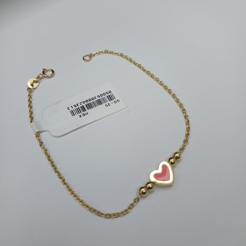 PULSERA TEJIDO ESPECIAL CON FIGURA CORAZON CON ESMALTE ROSA 14K 18 CM 1.9 GR (NUEVO)