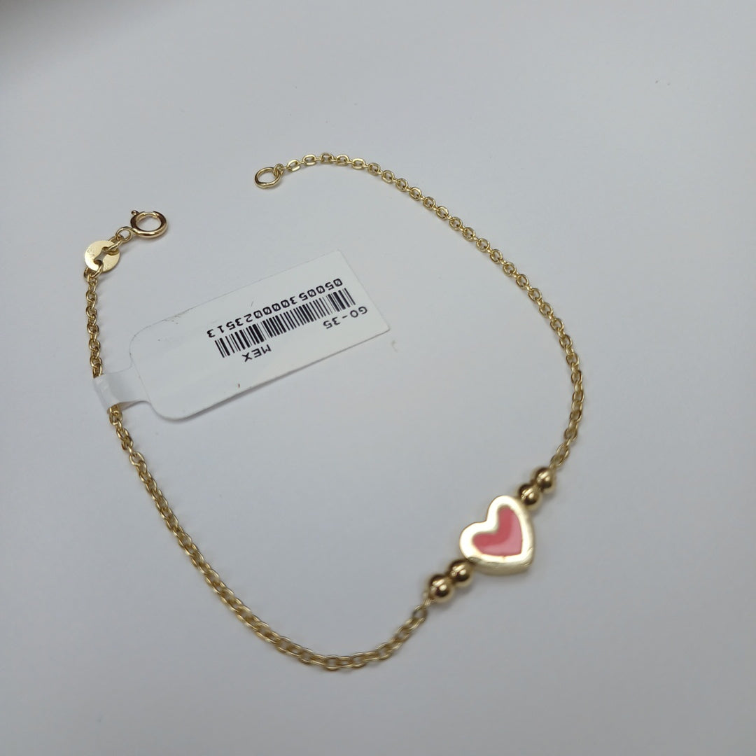 PULSERA TEJIDO ESPECIAL CON FIGURA CORAZON CON ESMALTE ROSA 14K 18 CM 1.9 GR (NUEVO)