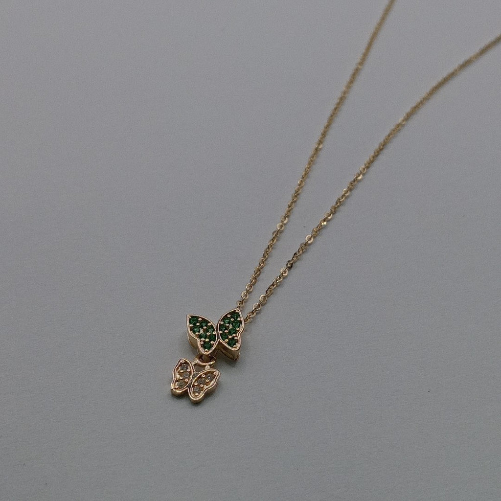 CADENA TEJIDO GARGANTILLA CON DIJE MARIPOSAS CIRCONIAS Y PIEDRAS DE COLOR 14K 45 CM 1.9 GR (NUEVO)