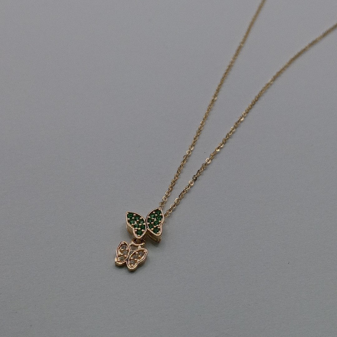 CADENA TEJIDO GARGANTILLA CON DIJE MARIPOSAS CIRCONIAS Y PIEDRAS DE COLOR 14K 45 CM 1.9 GR (NUEVO)