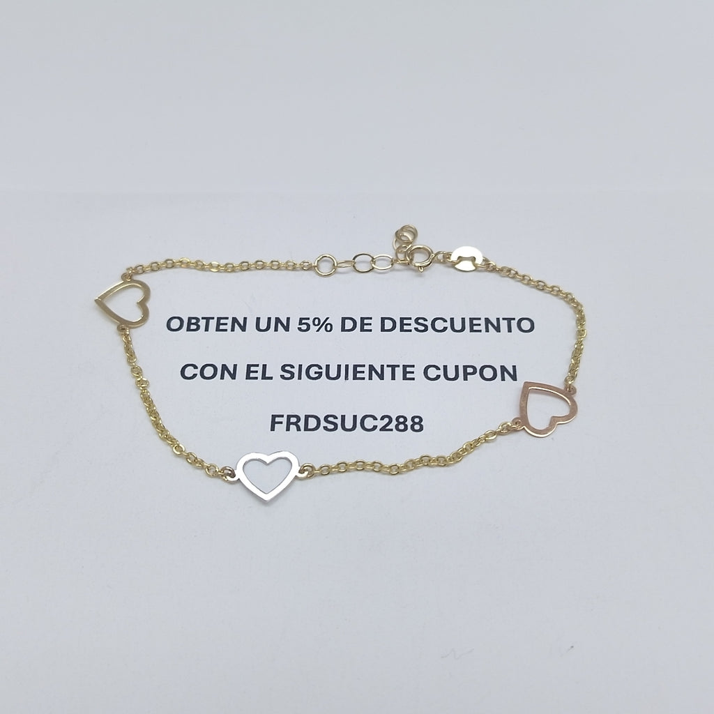 PULSERA ESPECIAL CON CORAZONES CONBINADOS 14K 18 CM 1.7 GR (NUEVO)