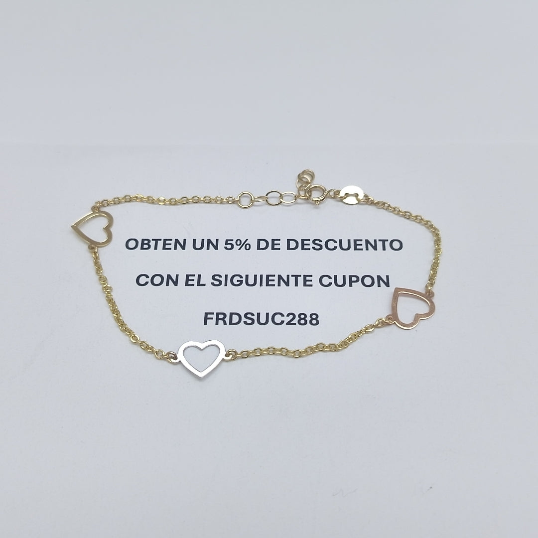 PULSERA ESPECIAL CON CORAZONES CONBINADOS 14K 18 CM 1.7 GR (NUEVO)