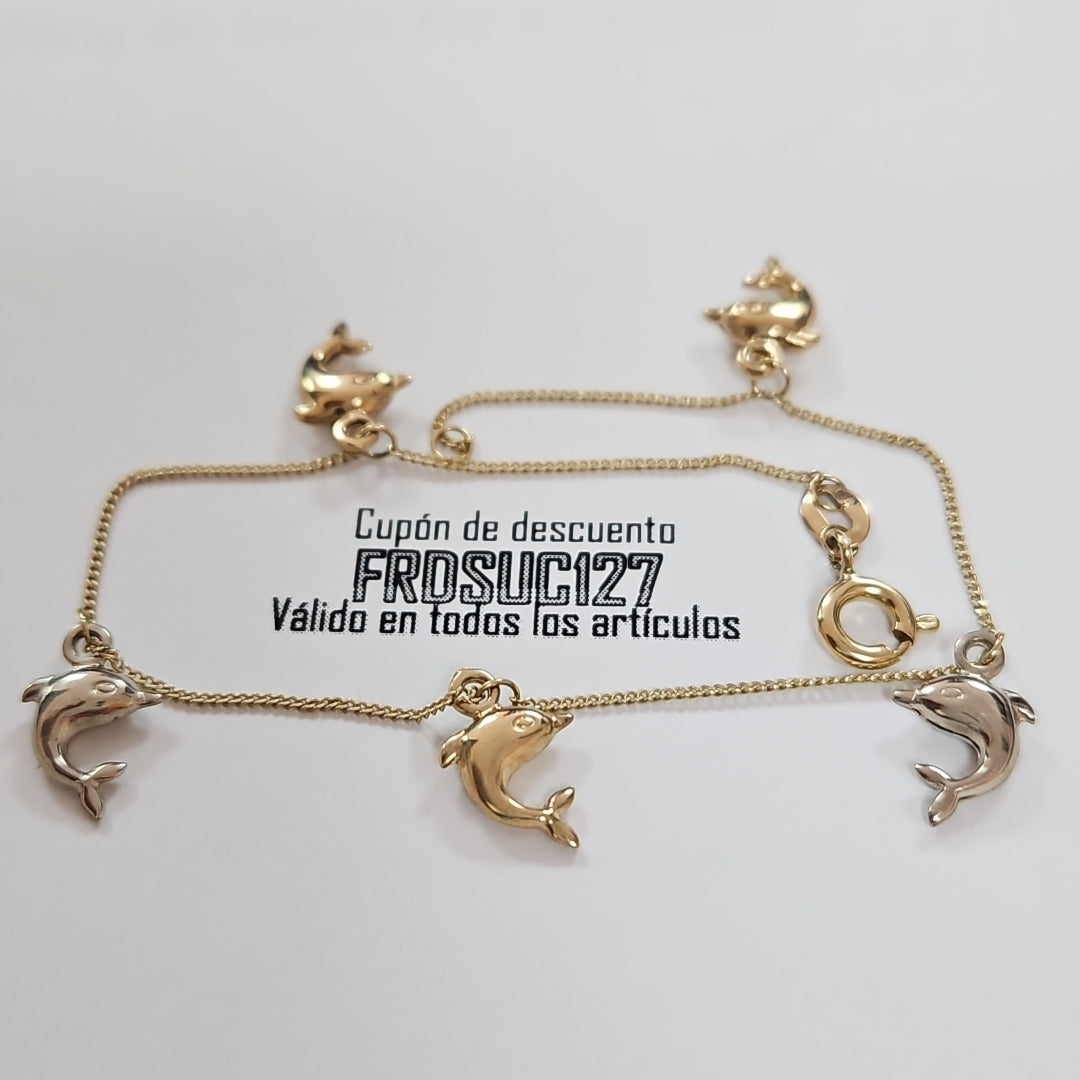 PULSERA ESPECIAL DIJES DELFINES 10K 18 CM 1.8 GR (NUEVO)