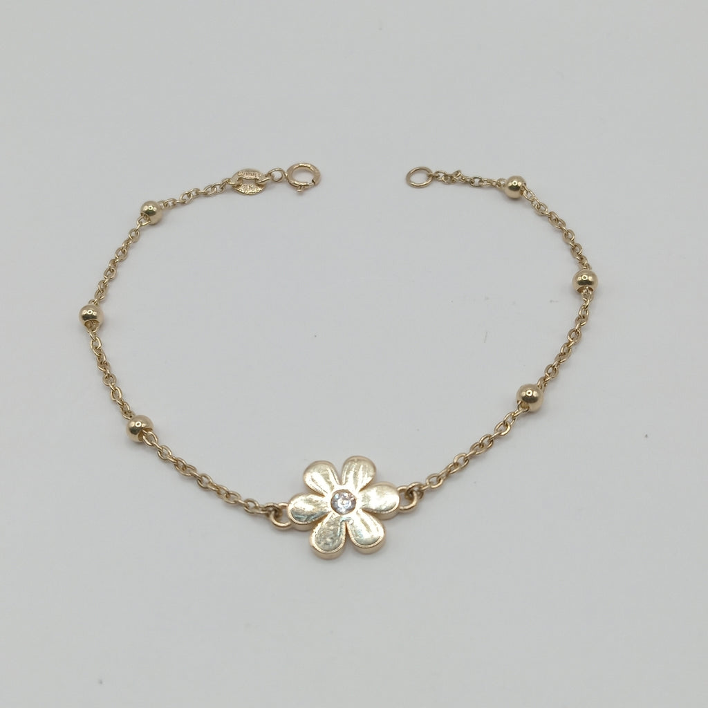 PULSERA TEJIDO ESPECIAL FLOR CON CIRCONIA 14K 18 CM 2.5 GR (NUEVO)