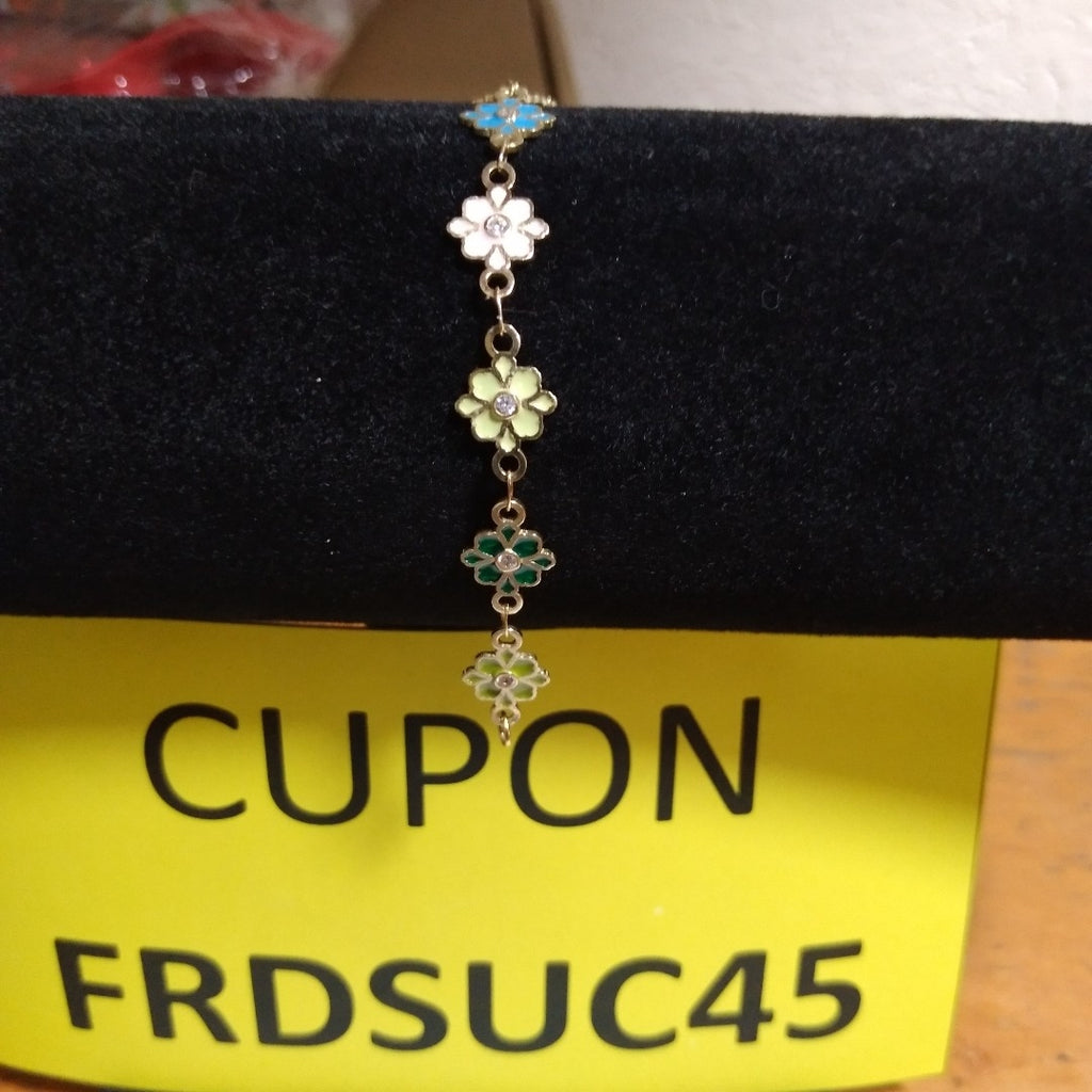 PULSERA ESP CON FIG FLOR ESMALTADA CON CIRCONIA 14K 18 CM 4.6 GR (NUEVO)