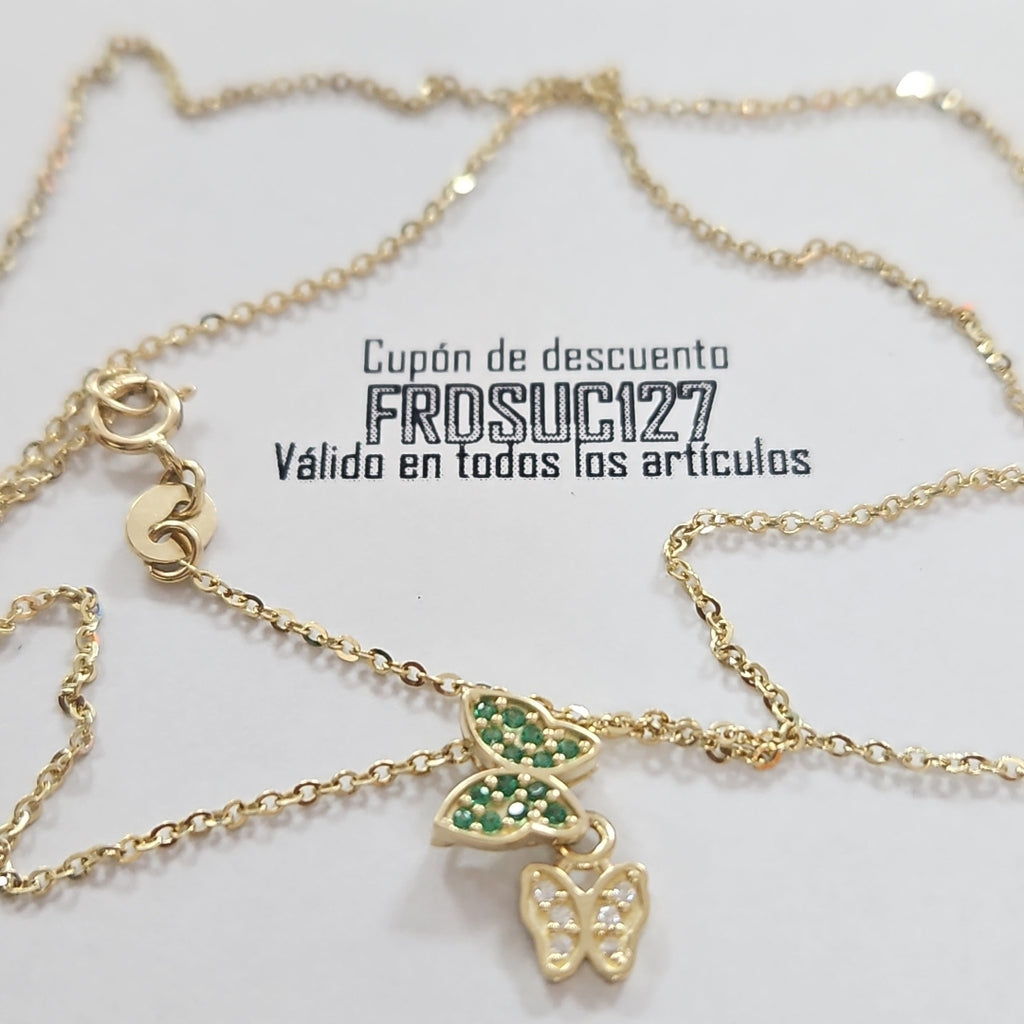 CADENA TEJIDO GARGANTILLA CON DIJE MARIPOSAS CIRCONIAS Y PIEDRAS DE COLOR 14K 45 CM 2 GR (NUEVO)
