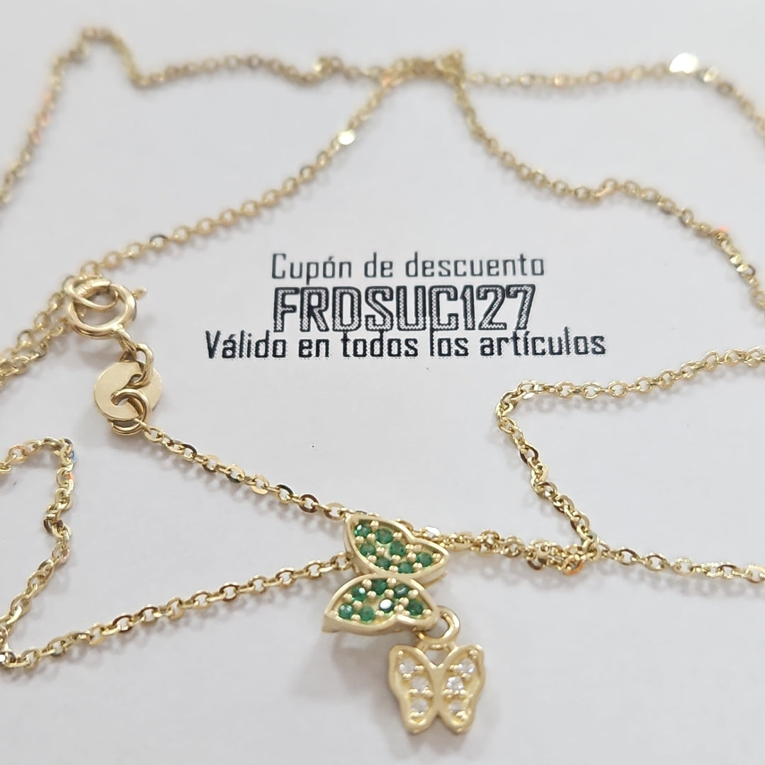 CADENA TEJIDO GARGANTILLA CON DIJE MARIPOSAS CIRCONIAS Y PIEDRAS DE COLOR 14K 45 CM 2 GR (NUEVO)