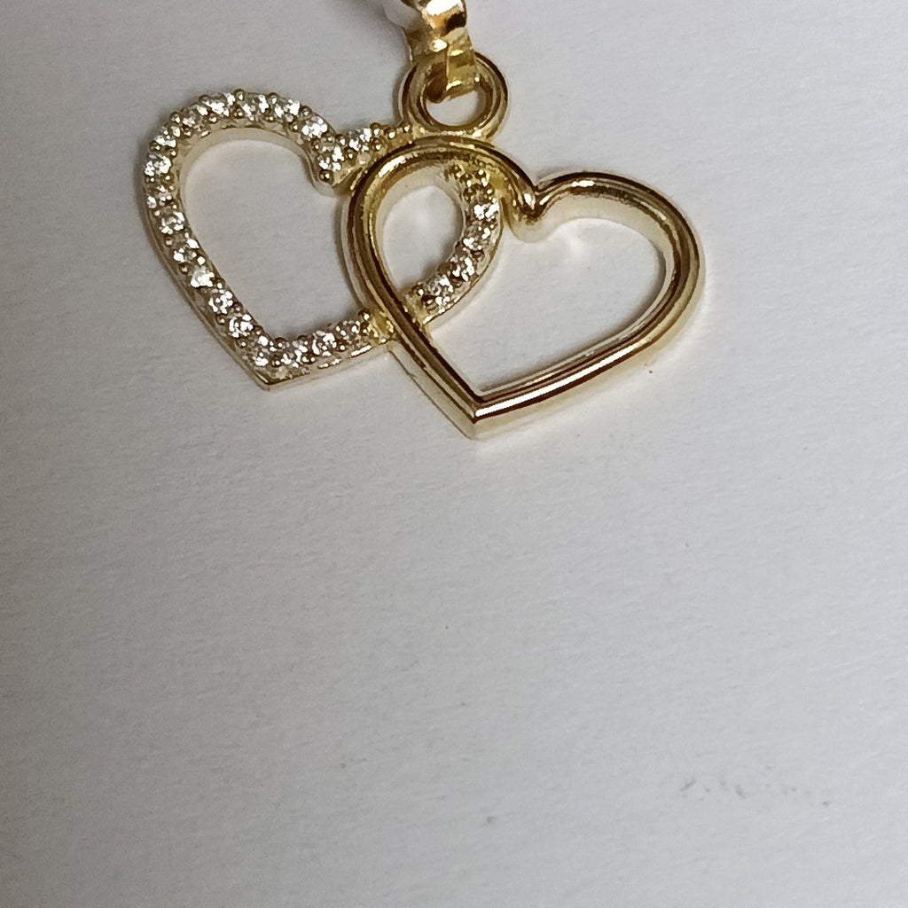 DIJE TEJIDO DOS CORAZONES CON CIRCONIAS 14K 1.4 GR (NUEVO)