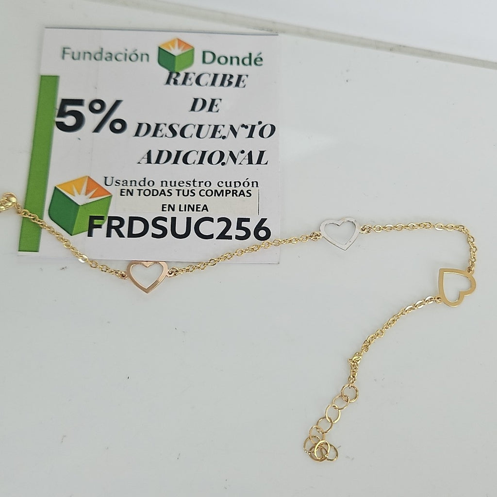 PULSERA ESPECIAL CON CORAZONES CONBINADOS 14K 18 CM 1.7 GR (NUEVO)