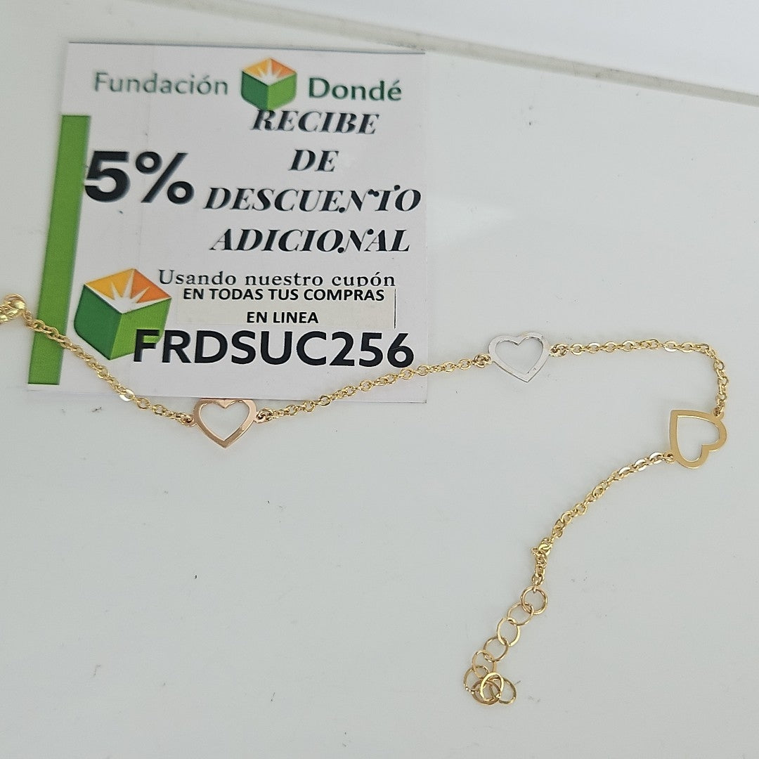 PULSERA ESPECIAL CON CORAZONES CONBINADOS 14K 18 CM 1.7 GR (NUEVO)