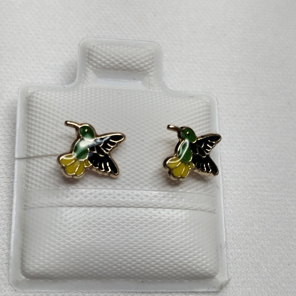 BROQUELES BROQUEL FIG COLIBRI ESMALTE VERDE 14K 0.2138 GR (NUEVO)