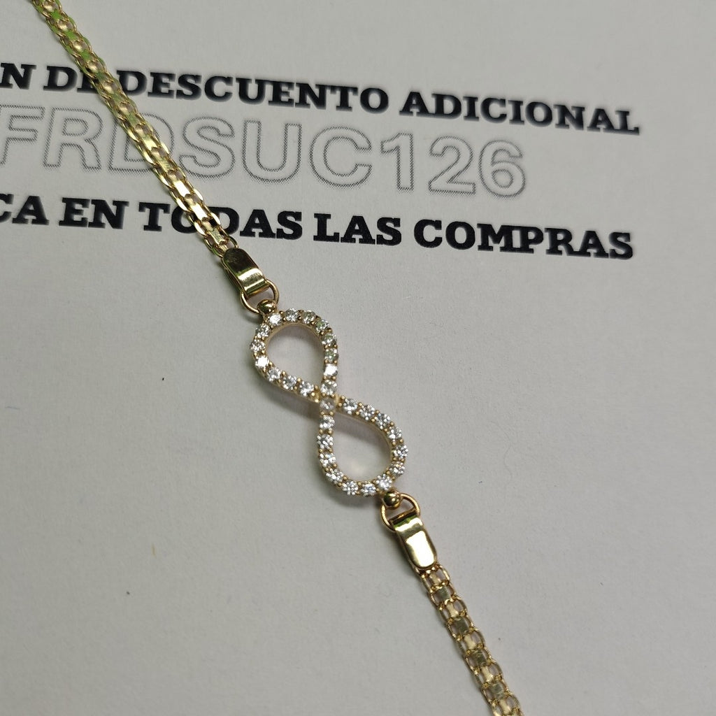 PULSERA TEJIDO ESPECIAL CON INFINITO Y CIRCONIAS 14K 18 CM 3.4 GR (NUEVO)