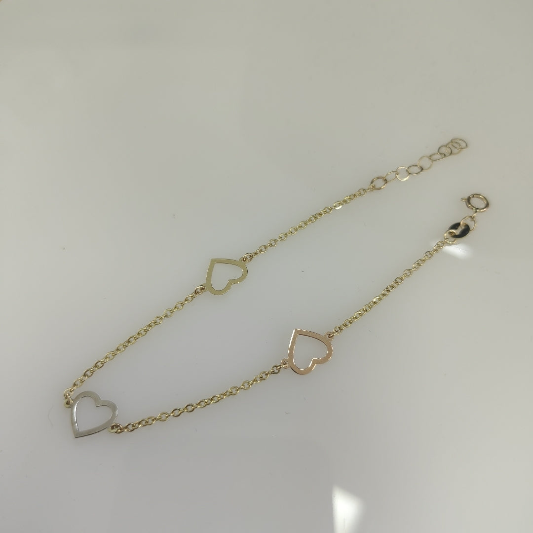 PULSERA ESPECIAL CON CORAZONES CONBINADOS 14K 18 CM 1.7 GR (NUEVO)