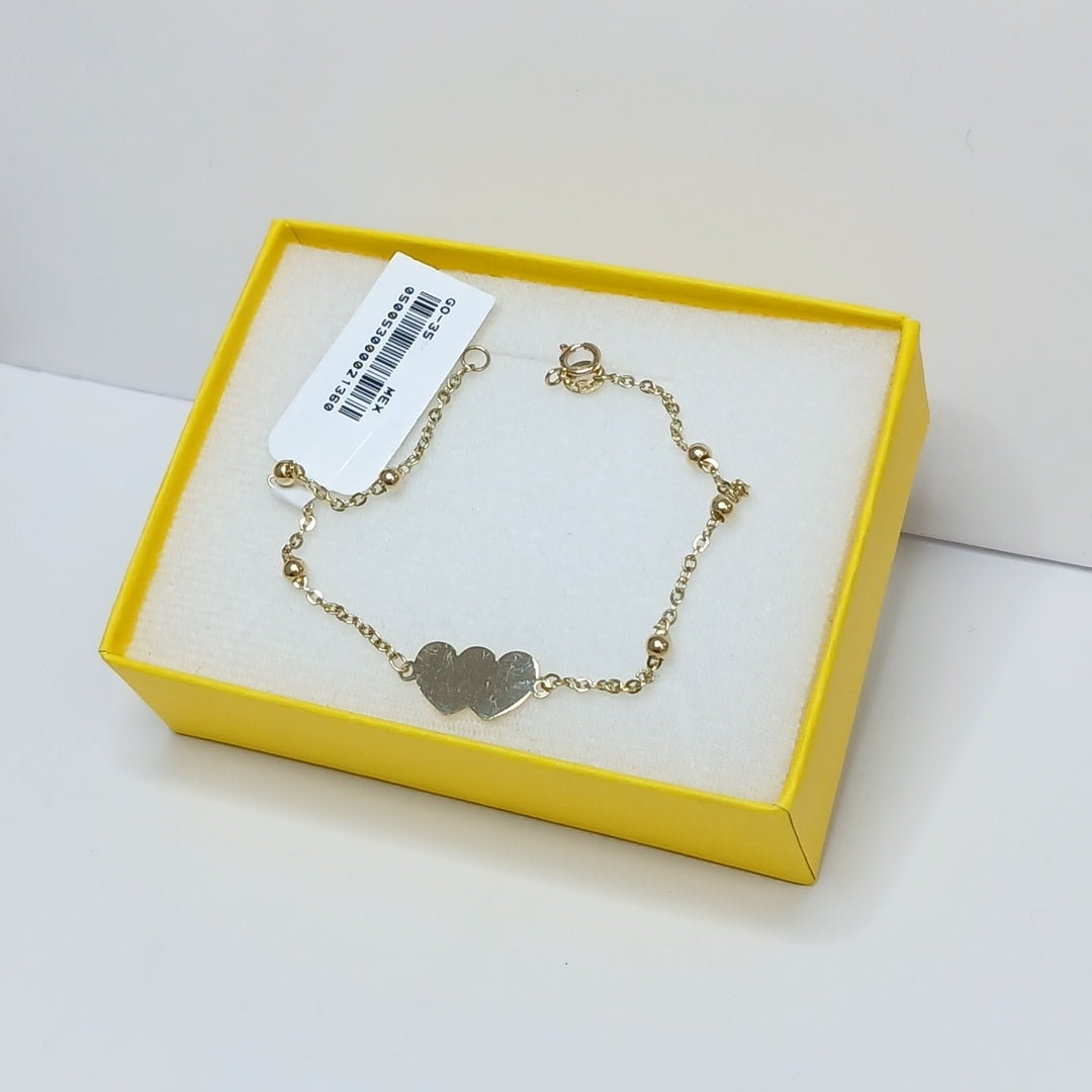 PULSERA TEJIDO ESPECIAL CON DOS CORAZONES 14K 18 CM 1.7 GR (NUEVO)