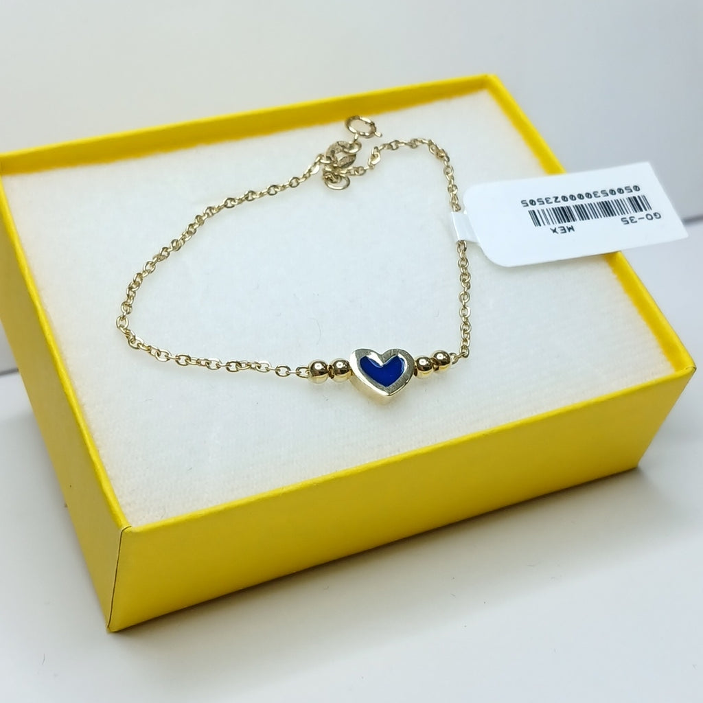 PULSERA TEJIDO ESPECIAL CON FIGURA CORAZON CON ESMALTE AZUL 14K 18 CM 2 GR (NUEVO)