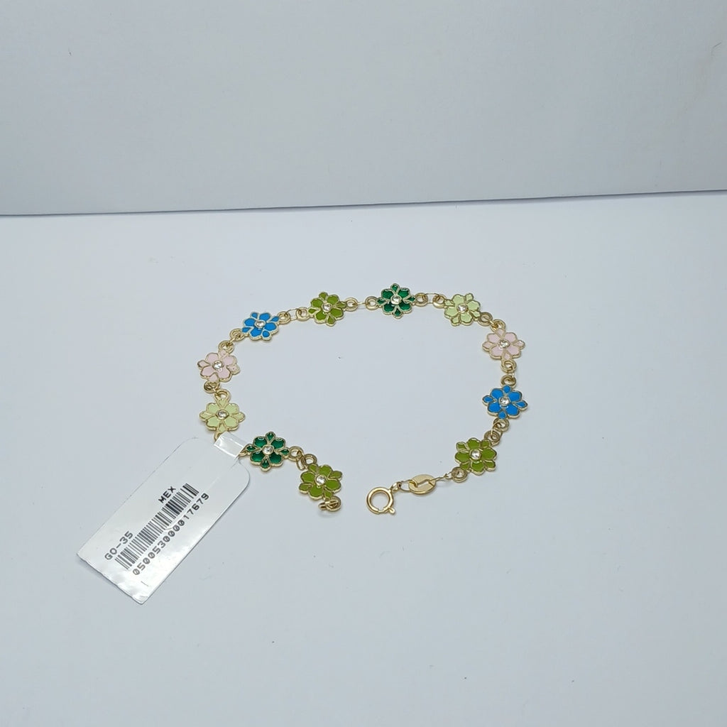 PULSERA ESPECIAL FLORES CON ESMALTE 14K 18 CM 4.5 GR (NUEVO)