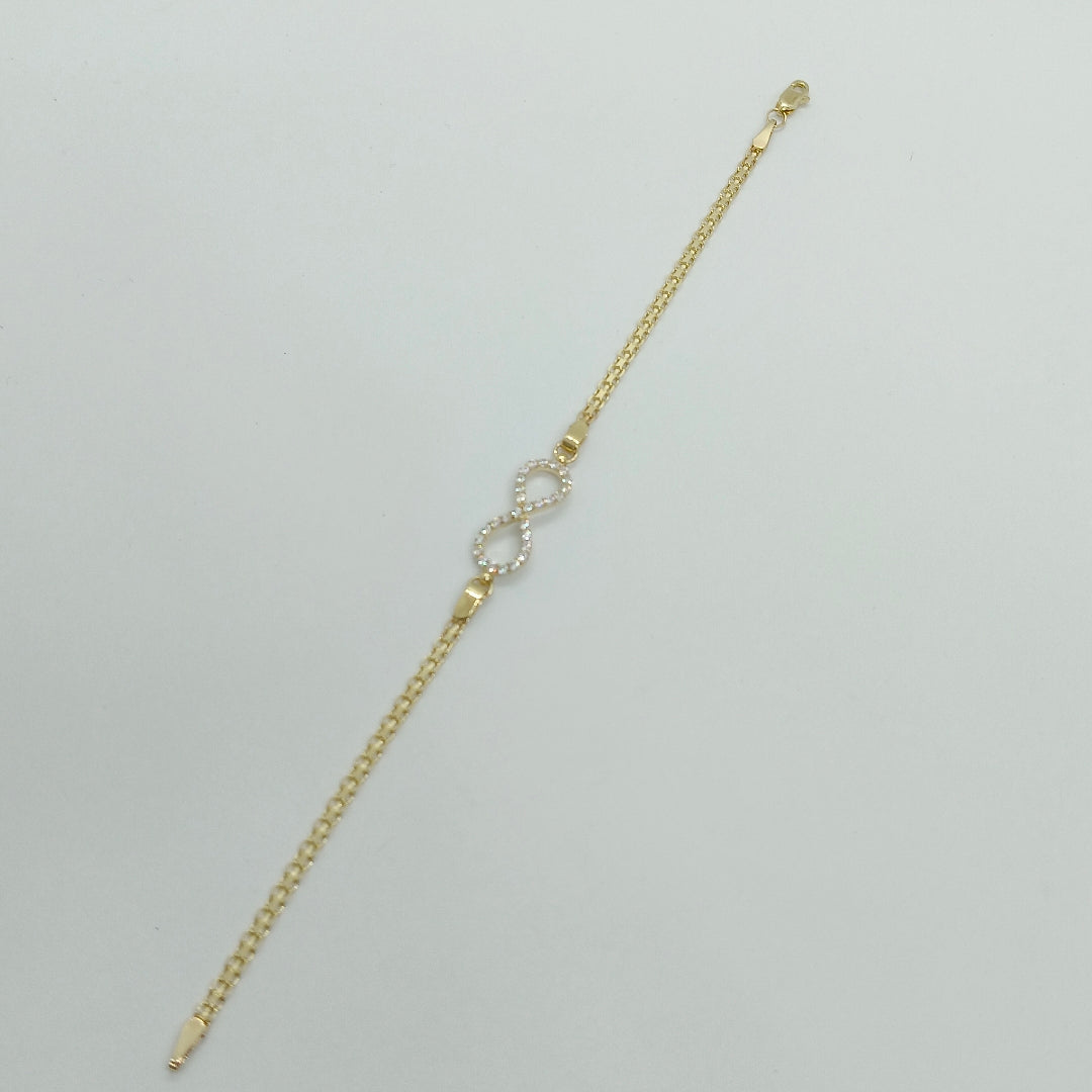 PULSERA TEJIDO ESPECIAL CON INFINITO Y CIRCONIAS 14K 18 CM 3.3 GR (NUEVO)
