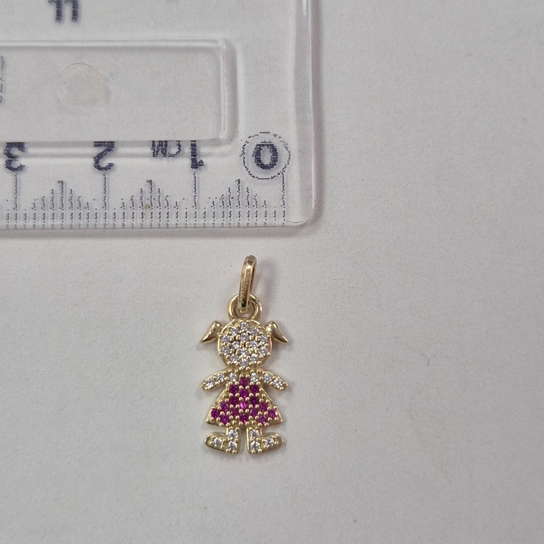 DIJE NIÑA CON CIRCONIAS Y PIEDRAS DE COLOR 10K 1.1 GR (NUEVO)
