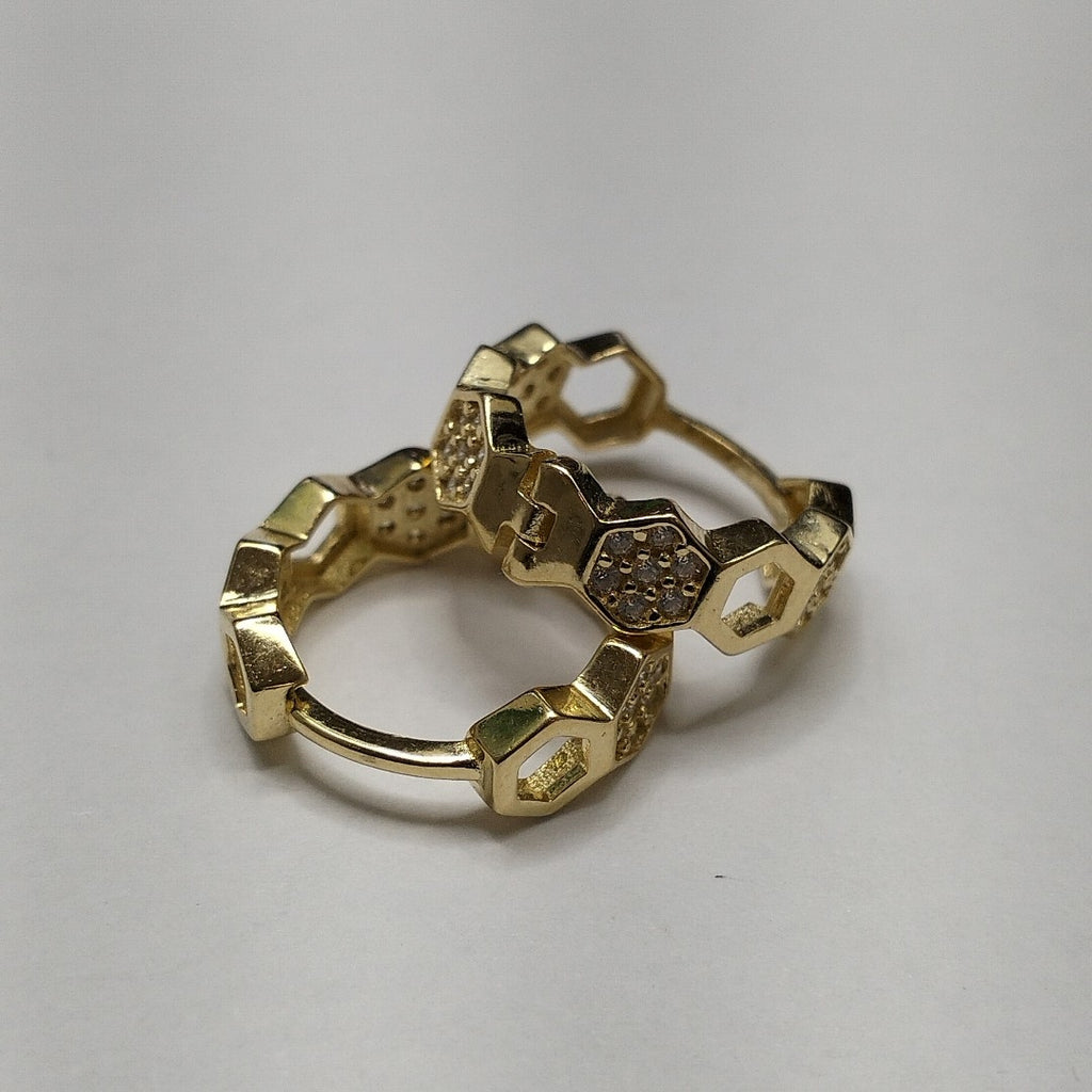 ARETES HUGGIES HEXAGONALES C CIRCONIAS 14K 2.7 GR (NUEVO)