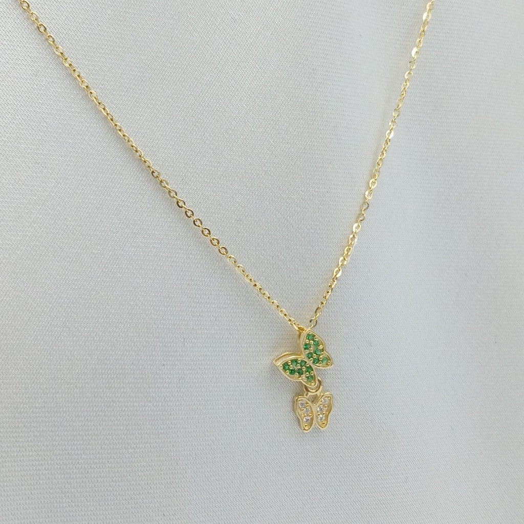 CADENA TEJIDO GARGANTILLA CON DIJE MARIPOSAS CIRCONIAS Y PIEDRAS DE COLOR 14K 45 CM 2 GR (NUEVO)