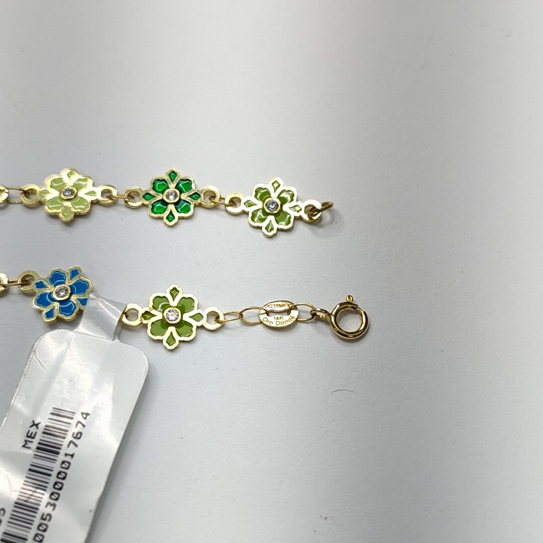 PULSERA ESPECIAL FLORES CON ESMALTE 14K 18 CM 4.5 GR (NUEVO)