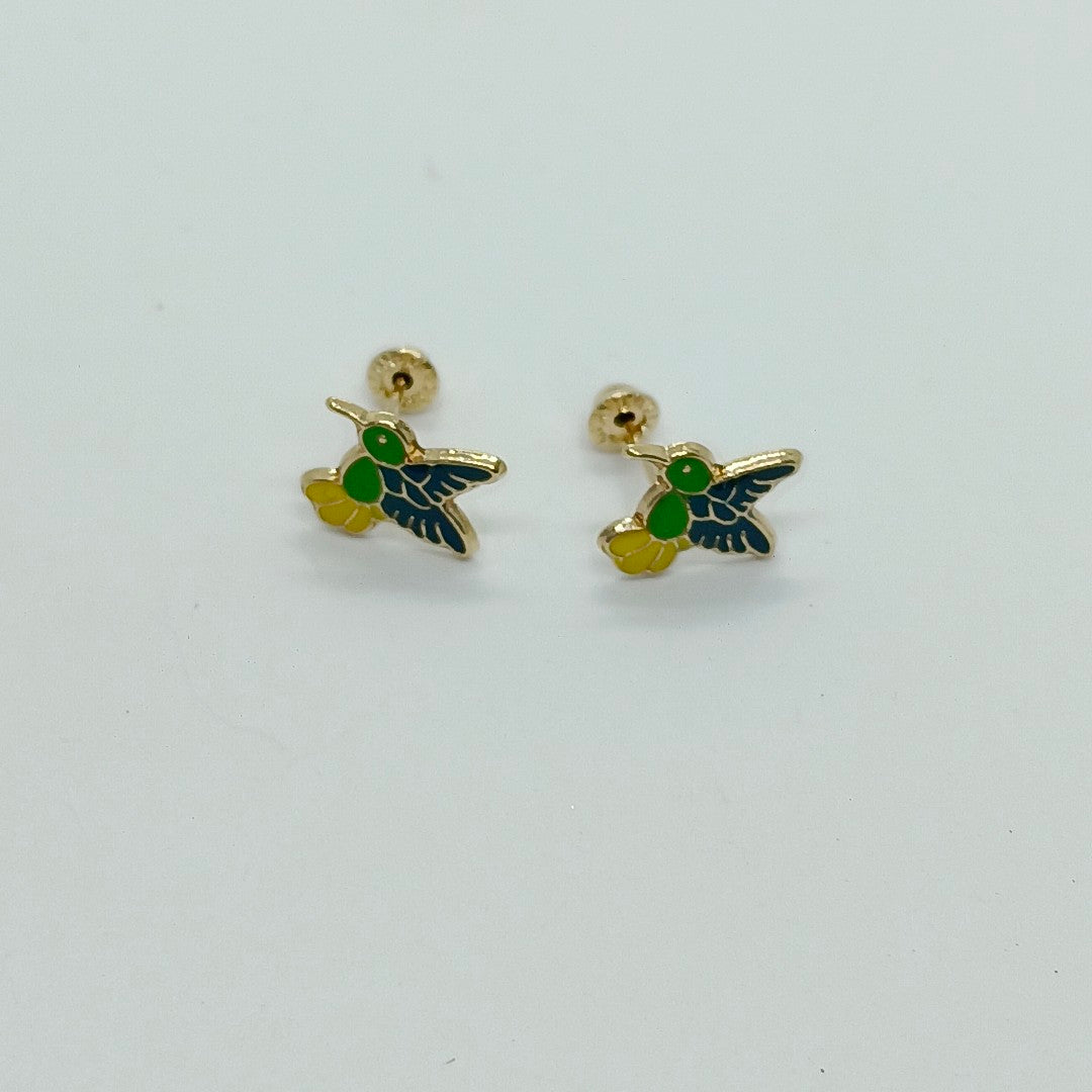 BROQUELES BROQUEL FIG COLIBRI ESMALTE VERDE 14K 0.2138 GR (NUEVO)