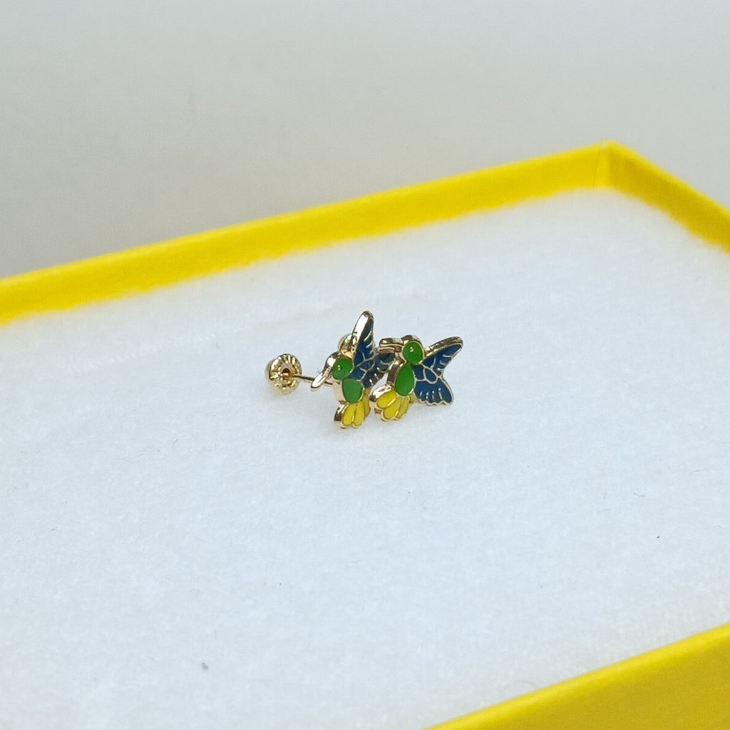 BROQUELES BROQUEL FIG COLIBRI ESMALTE VERDE 14K 0.2138 GR (NUEVO)