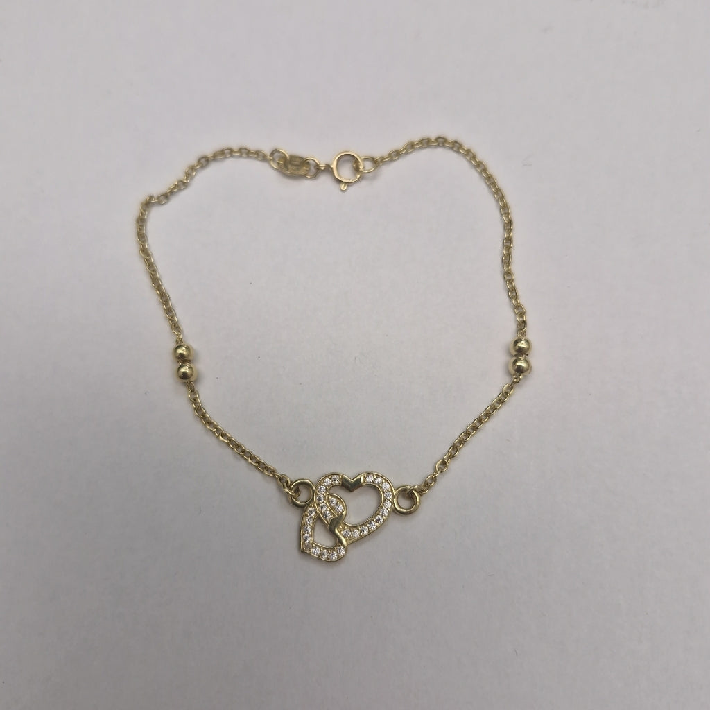 PULSERA TEJIDO ESPECIAL CORAZONES CON CIRCONIAS 14K 18 CM 2.4 GR (NUEVO)