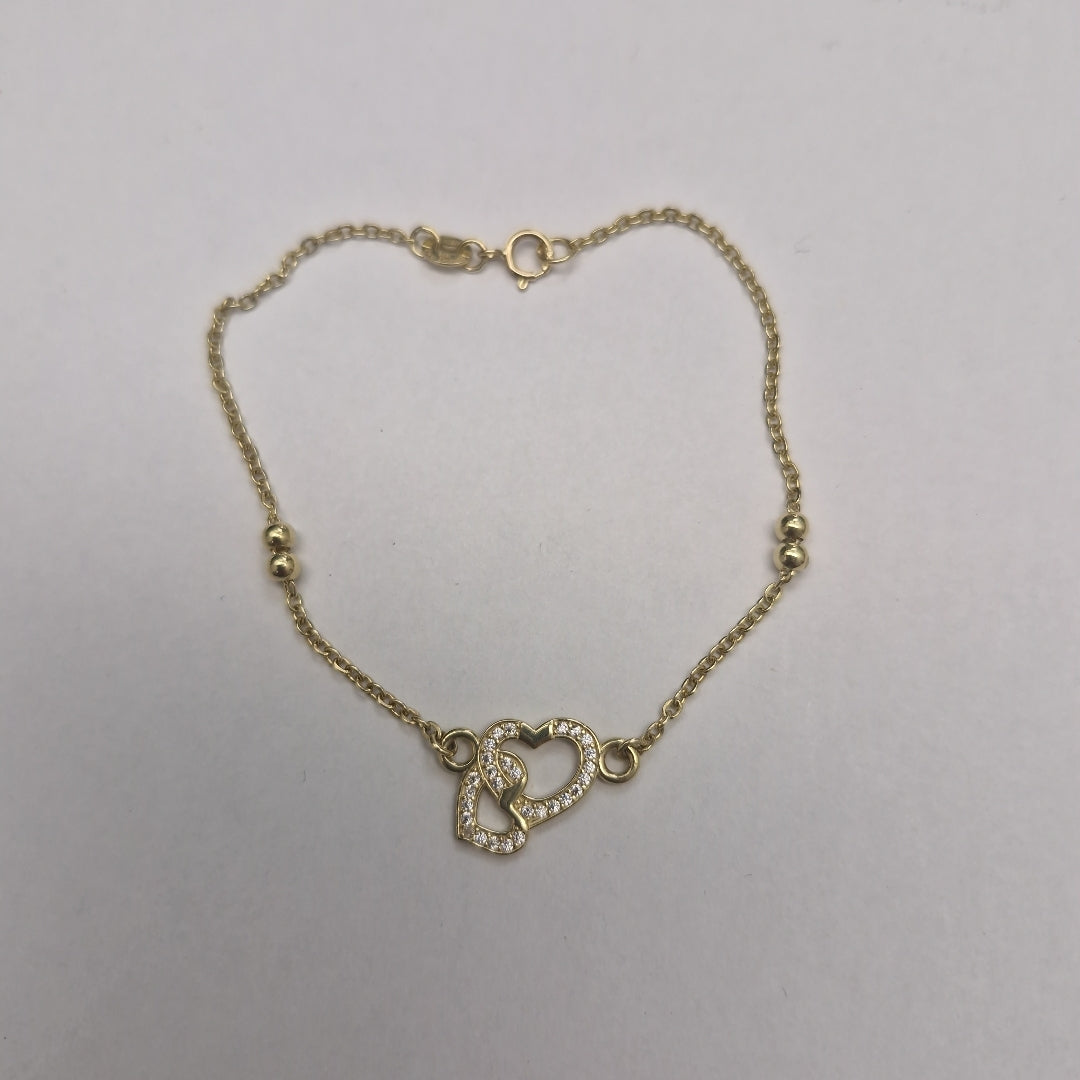 PULSERA TEJIDO ESPECIAL CORAZONES CON CIRCONIAS 14K 18 CM 2.4 GR (NUEVO)