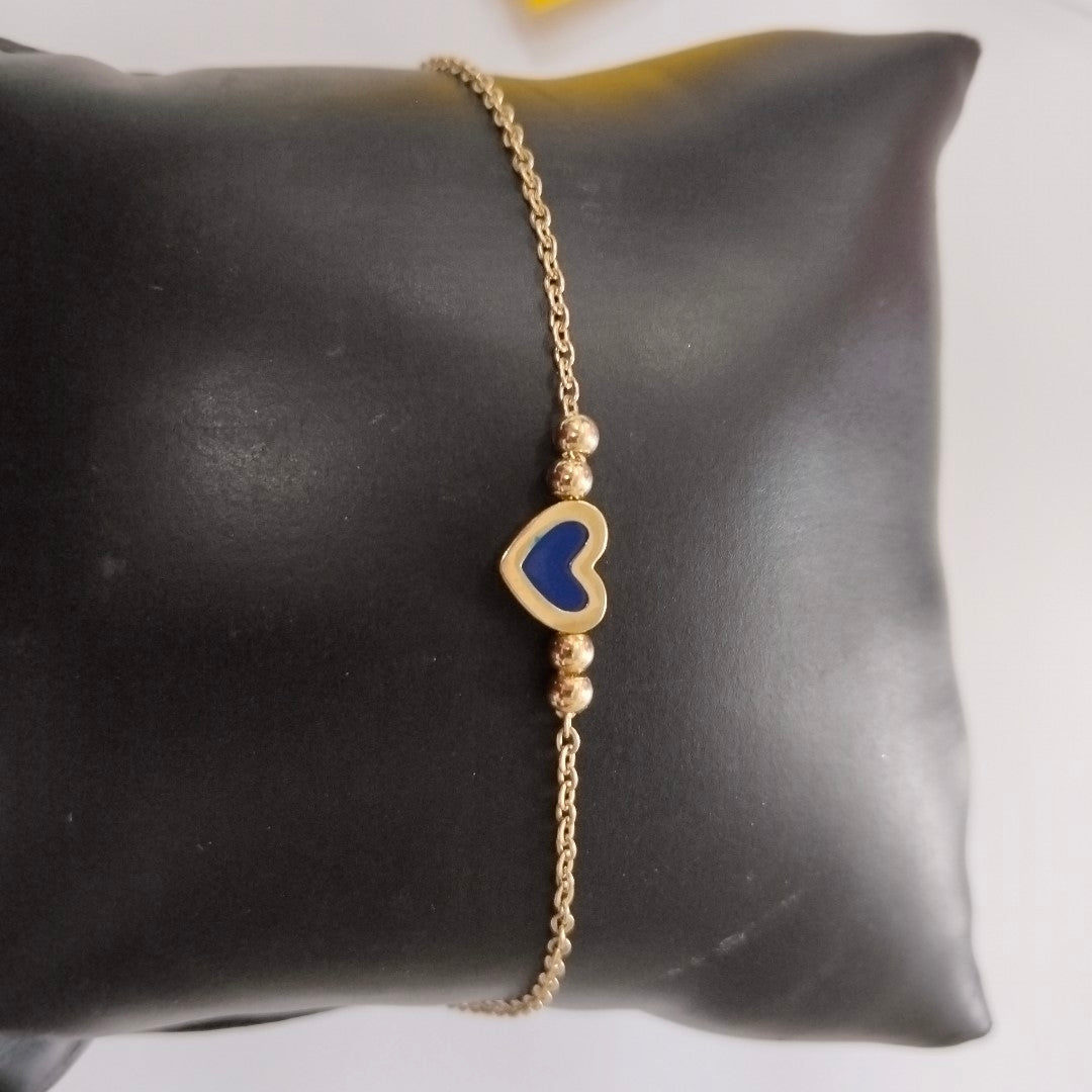 PULSERA TEJIDO ESPECIAL CON FIGURA CORAZON CON ESMALTE AZUL 14K 18 CM 2 GR (NUEVO)