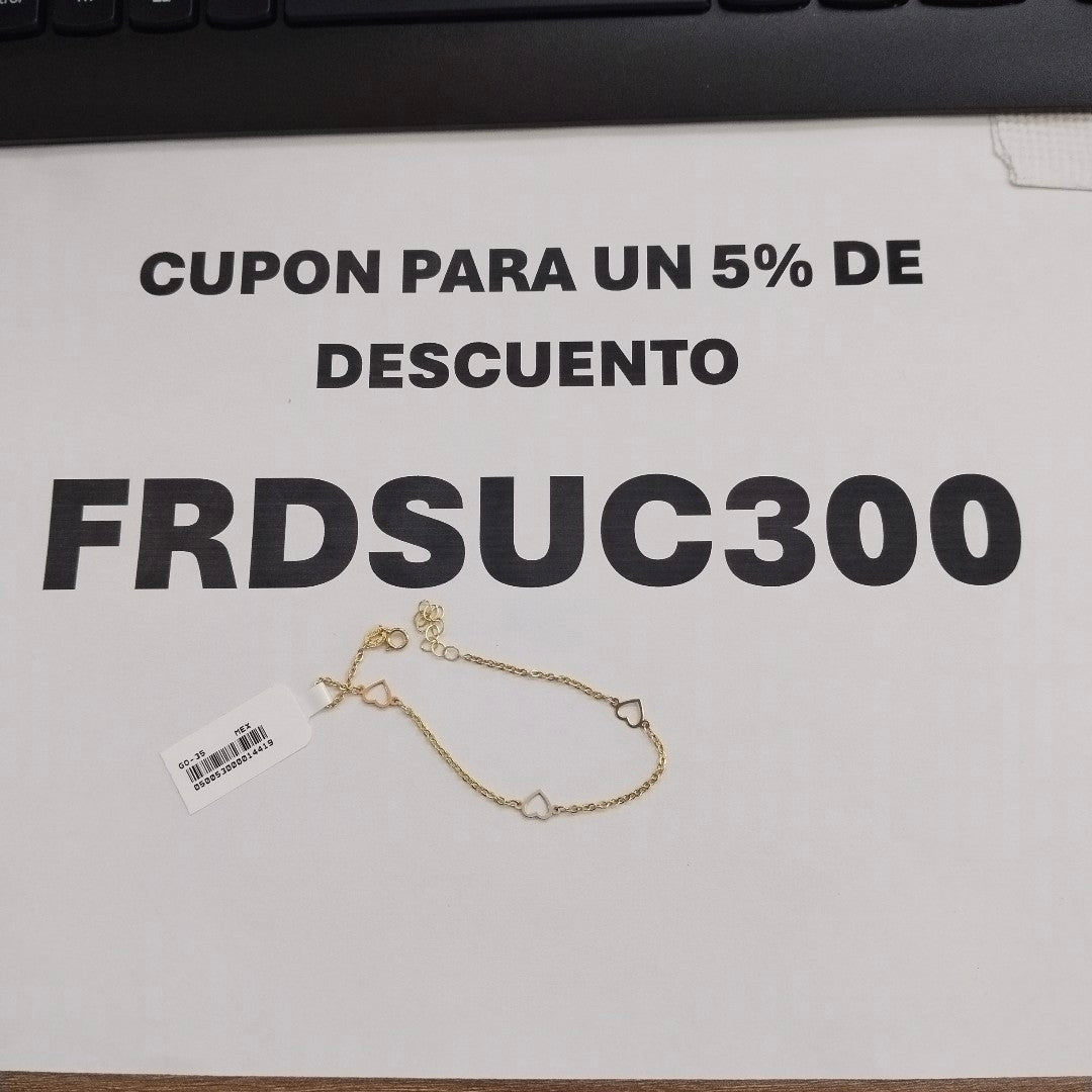 PULSERA ESPECIAL CON CORAZONES 10K 18 CM 1.3 GR (NUEVO)