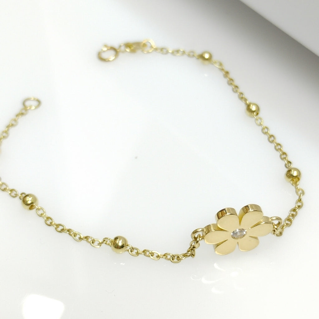 PULSERA TEJIDO ESPECIAL FLOR CON CIRCONIA 14K 18 CM 2.5 GR (NUEVO)