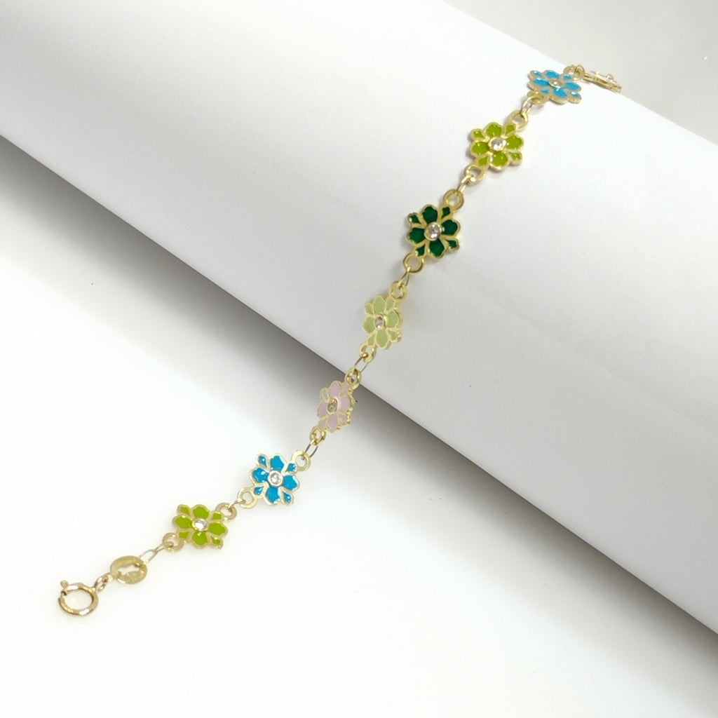 PULSERA ESPECIAL FLORES CON ESMALTE 14K 18 CM 4.5 GR (NUEVO)