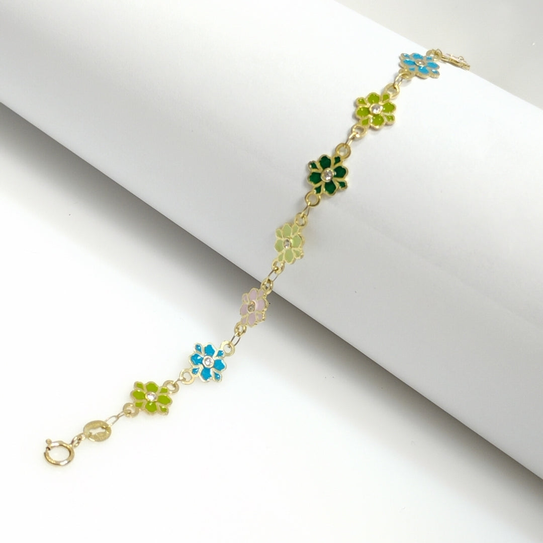 PULSERA ESPECIAL FLORES CON ESMALTE 14K 18 CM 4.5 GR (NUEVO)