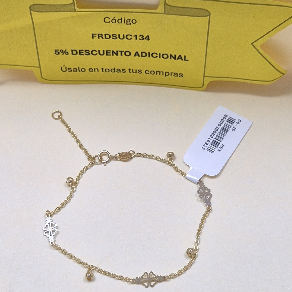 PULSERA ESPECIAL CON TREBOL 14K 18 CM 1.8 GR (NUEVO)