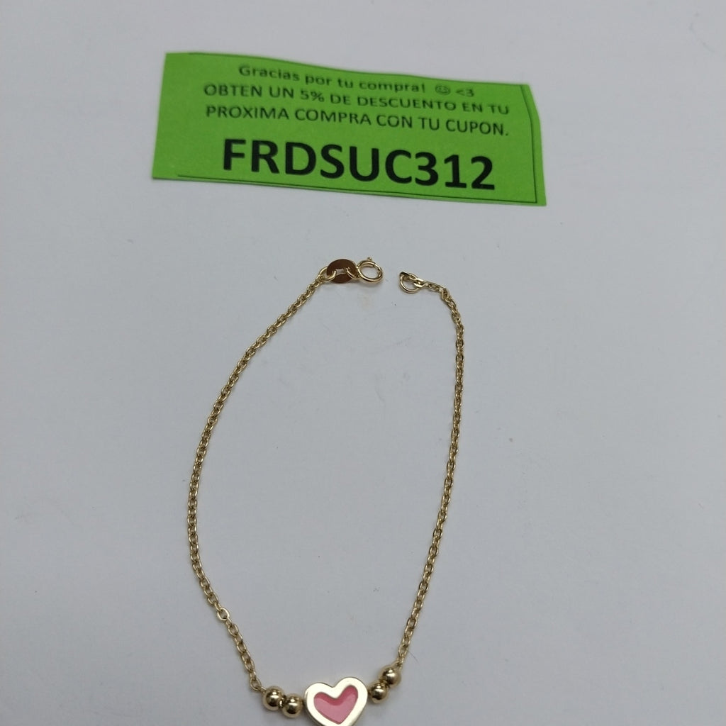PULSERA TEJIDO ESPECIAL CON FIGURA CORAZON CON ESMALTE ROSA 14K 18 CM 2 GR (NUEVO)