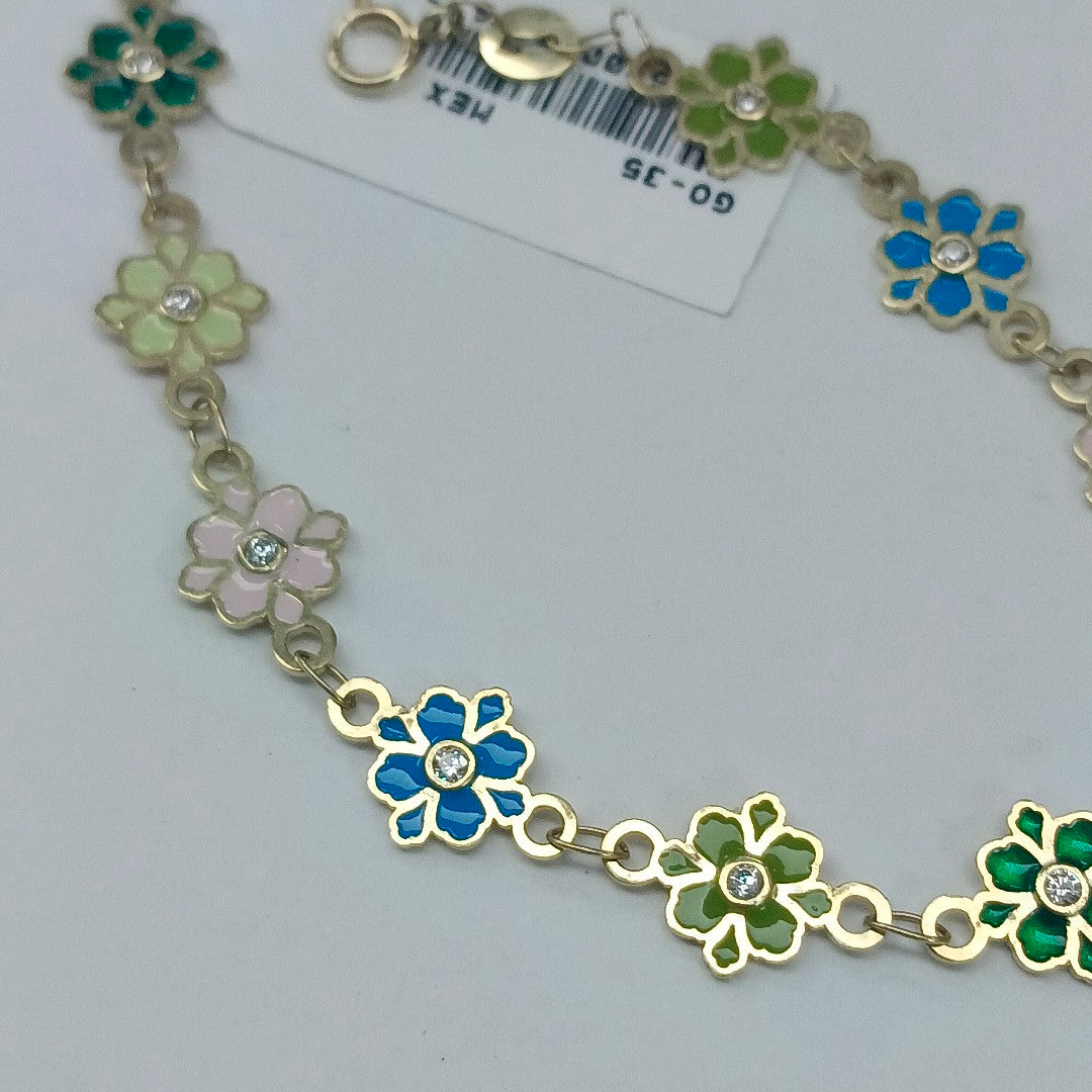 PULSERA ESPECIAL FLORES CON ESMALTE 14K 18 CM 4.5 GR (NUEVO)