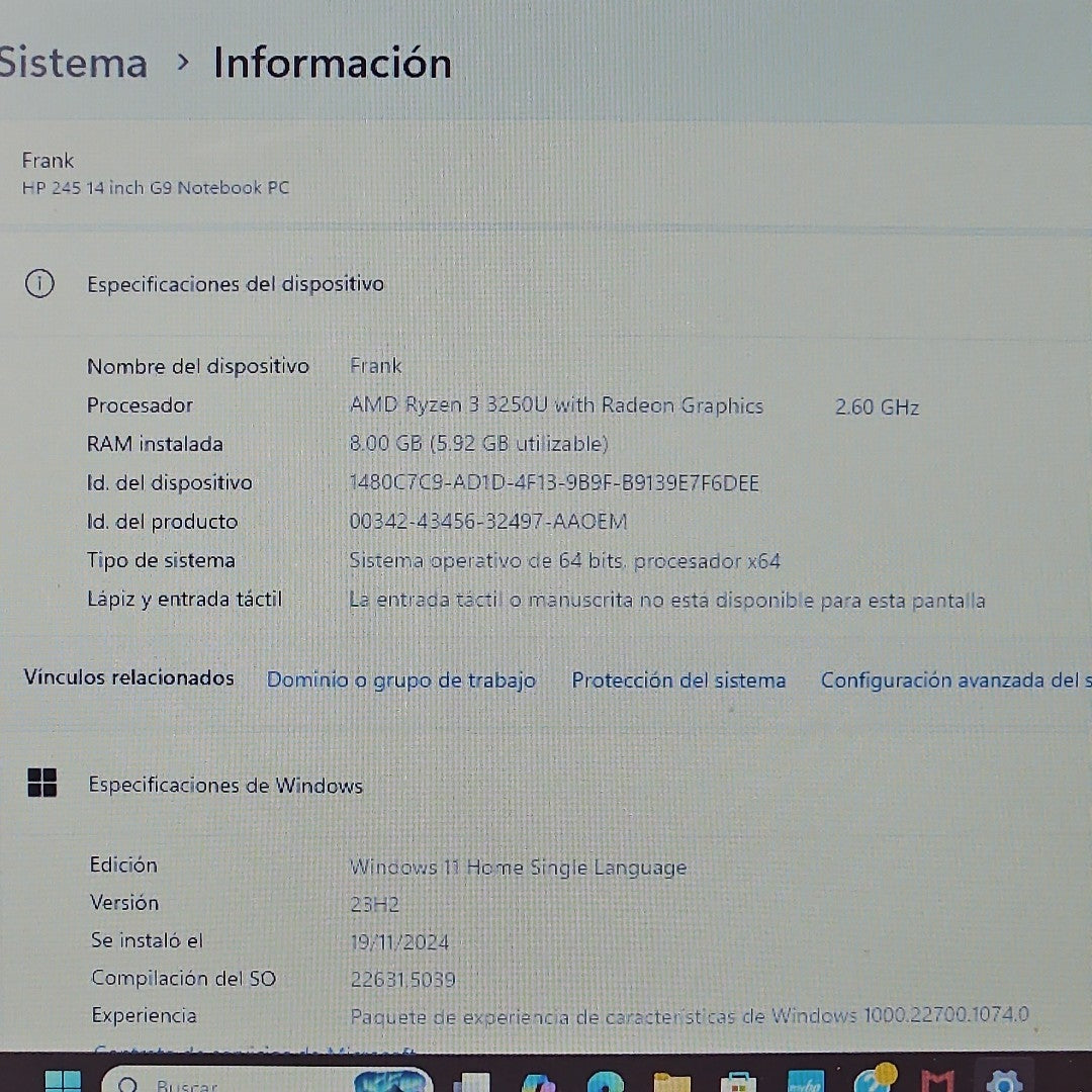 LAPTOP HP 245 G9 (2023) 512 GB SSD 8 GB RAM (SEMINUEVO)