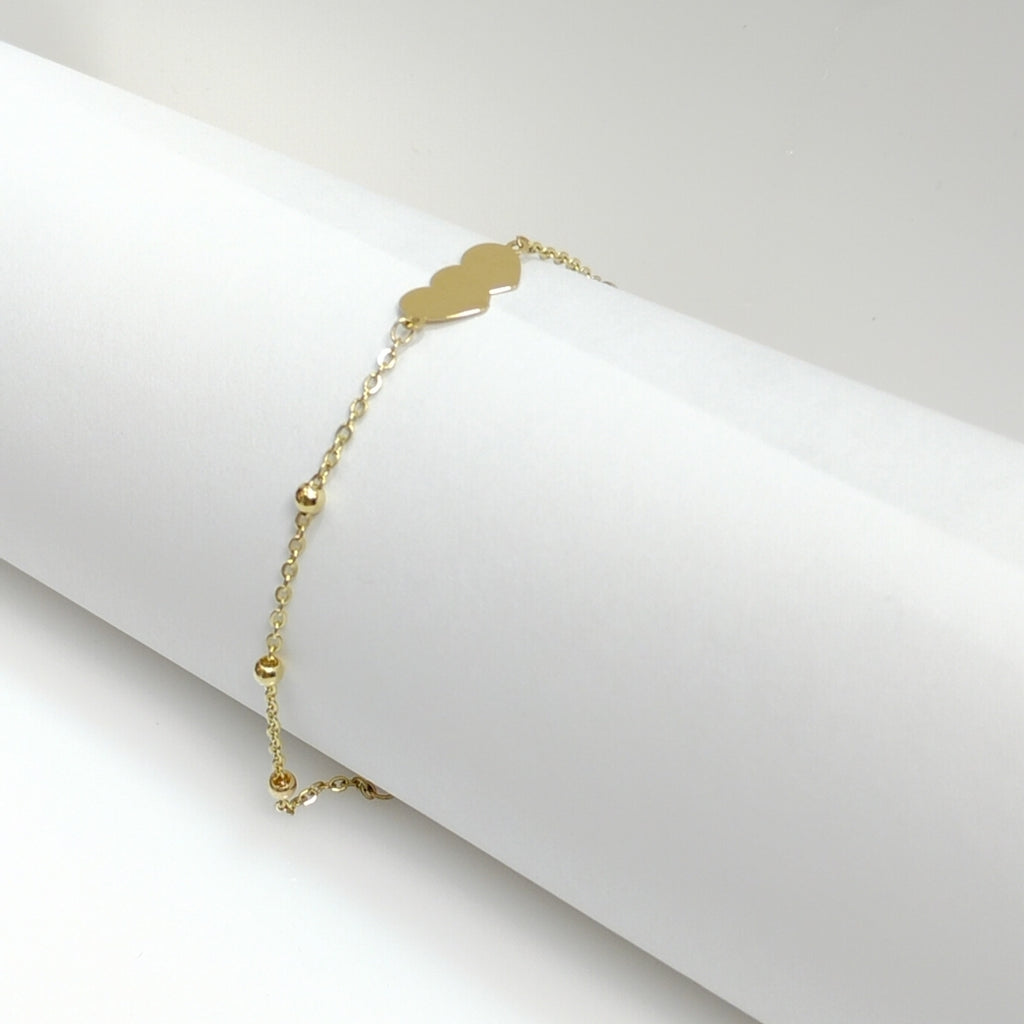 PULSERA TEJIDO ESPECIAL CON DOS CORAZONES 14K 18 CM 1.7 GR (NUEVO)