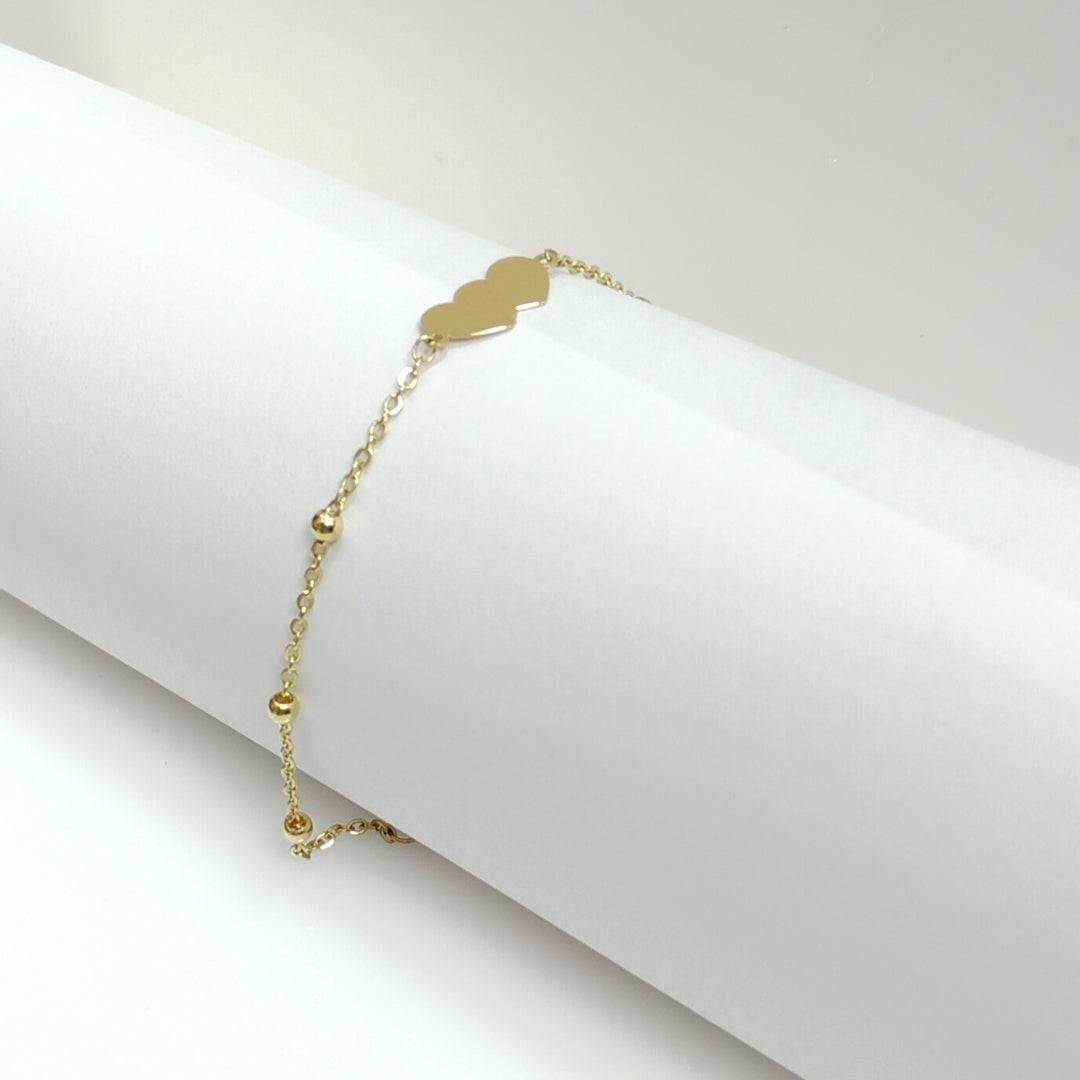 PULSERA TEJIDO ESPECIAL CON DOS CORAZONES 14K 18 CM 1.7 GR (NUEVO)
